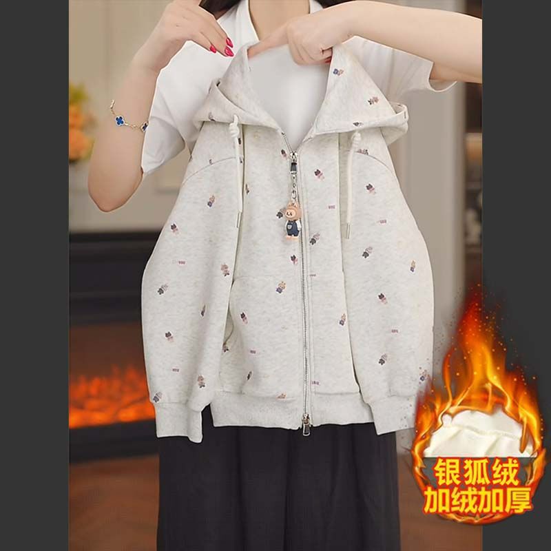 Girls' New Autumn and Winter Hooded Sweatshirt Cartoon Print for Older Girls Fleece-Lined Loose Zipper Cardigan Jacket Student Wear Girls' New Autumn and Winter Hooded Sweatshirt Cartoon Print for Older Girls Fleece-Lined Loose Zipper Cardigan Jacket Student Wear
