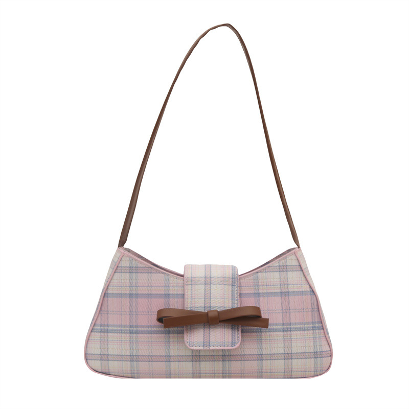 Moda personalidad hermosa versión coreana del bolso de la axila del palo francés 2025 lazo femenino moda nuevo bolso a cuadros de un solo hombro