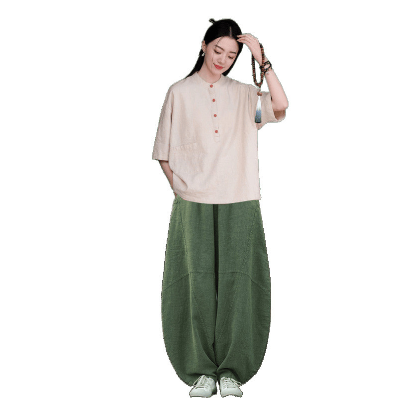 女性用在家服、中国風婦人服、綿麻ボタン付きトップス、禅服、中国風仏教禅無地スーツ|undefined