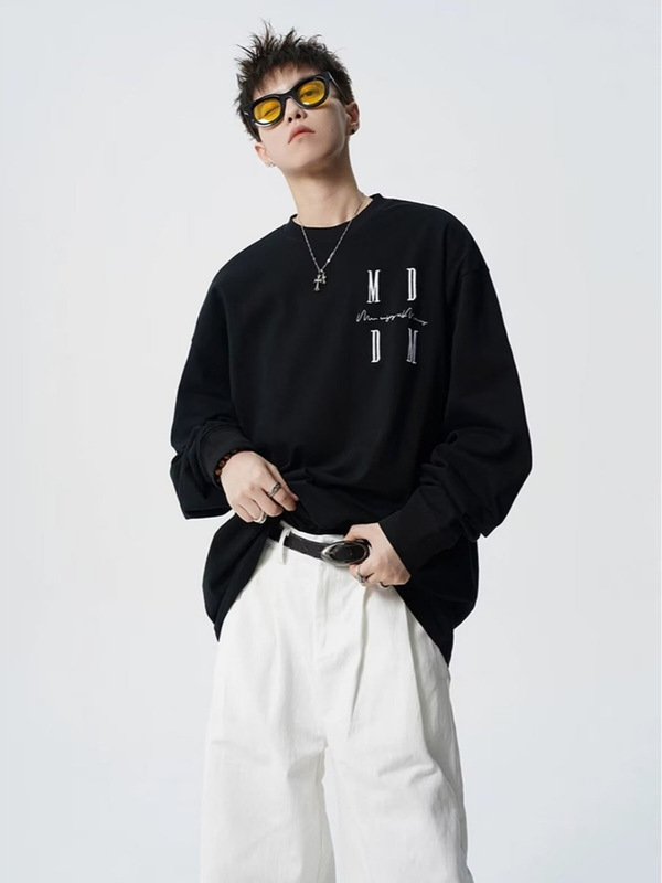 文字刺繍ネジ口長袖Tシャツメンズ新しい気質イントレンディな多用途カップルボトムコットントップ|undefined