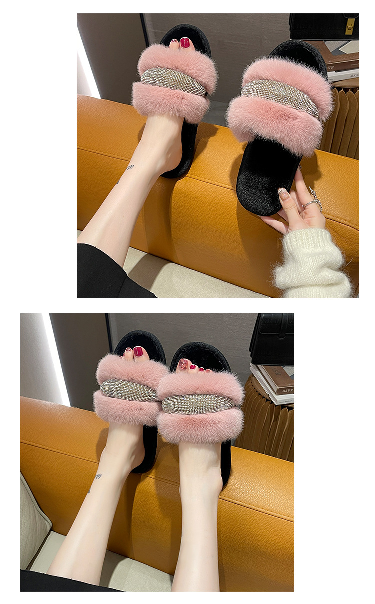 Pantofole piatte in cristallo di nuova pelliccia per il commercio estero con diamanti Moda donna alta e bassa in lana con apertura a una linea in cotone transfrontaliero_voghion.com