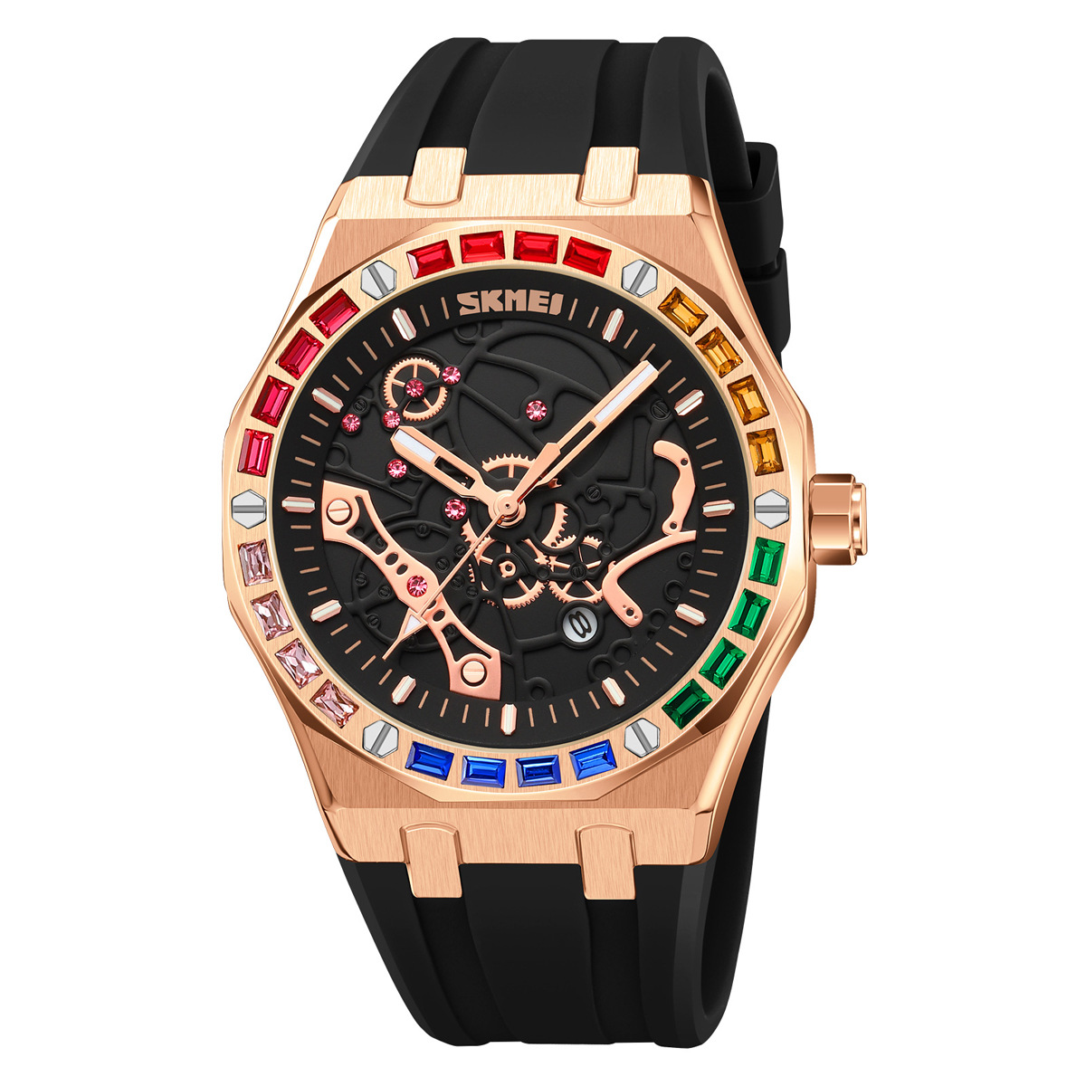 Momento de los Estados Unidos transfronterizos exclusivos para hombres reloj de pulsera de diamante de color octagonal viento mecánico silicona correa impermeable relojes de cuarzo al por mayor