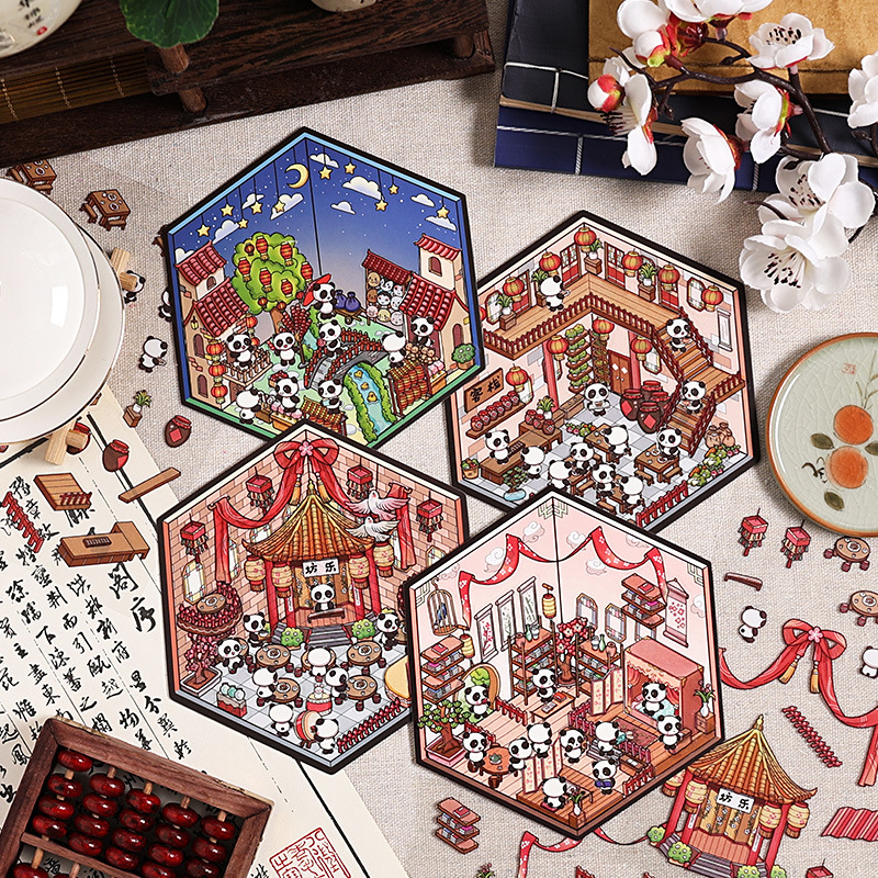 Panda casa 3D estereoscópio paisaje pet pegatinas diy creativo miniatura dibujos animados contabilidad decoración escenas pegatinas de puzzle