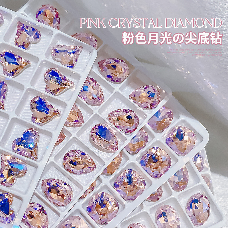 Starry Sky Pink Nail Art Diamond Internet Celebrity Flashing Heart Dove Egg Pointed Bottom Diamond Rectangular Right Angle Special-Shaped Diamond Nail Art Jewelry Diamond
