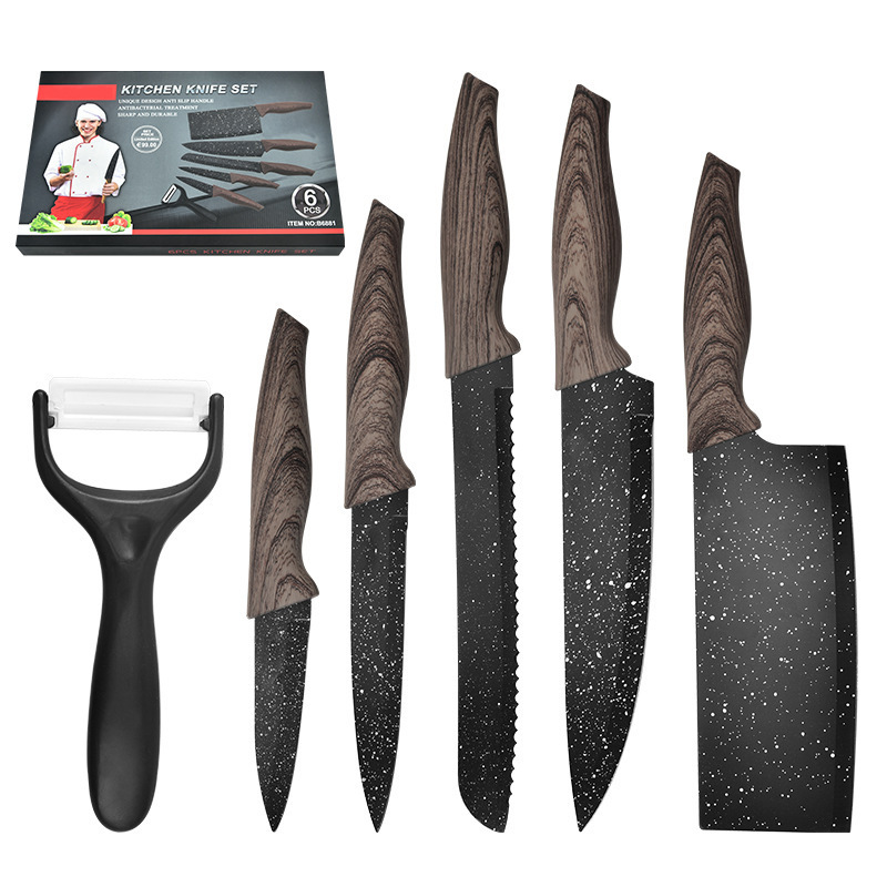 Juego de cuchillos de cocina de venta caliente, juego de caja de trabajo de seis piezas con mango de cola de golondrina de piedra médica, regalo de empresa
