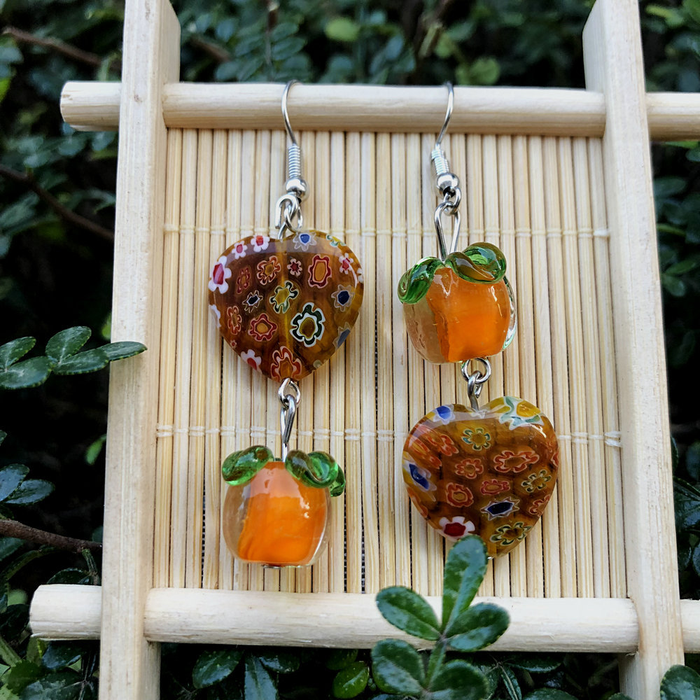 15g Weight Alloy Ear Needle Material Drop Earrings Classification 1 Pair Quantity Daily Occasion Glass, Metal Material Persimmon, Heart Shape, Flower Pattern All Seasons Season Women's Gender Polished Finish Asymmetrical Design Cute Style 1 Pair Cute Persimmon Heart Shape Flower Asymmetrical Glass Metal Drop Earrings 14