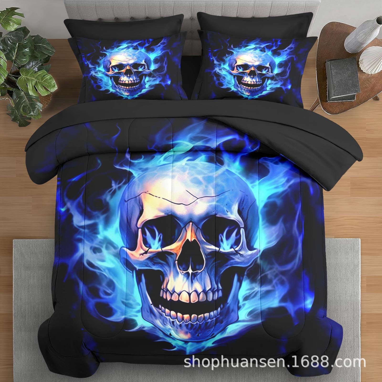 舒适套装复古骨骼图案 7 件套成人床上用品幽灵恐怖哥特式床品