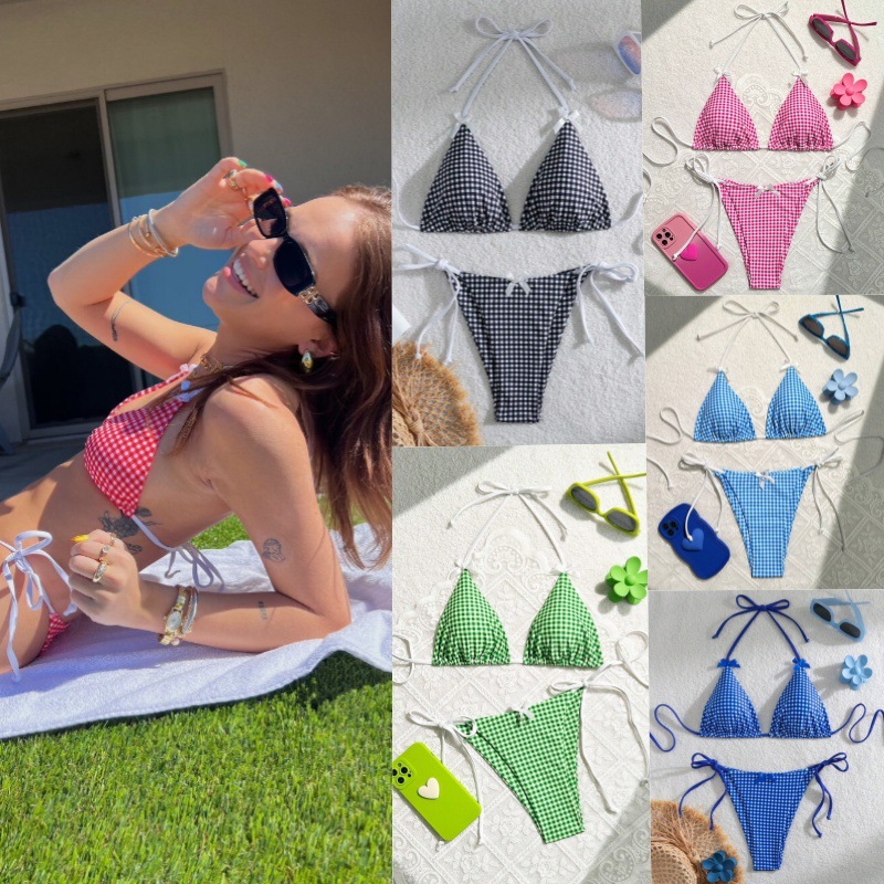 European and American split plaid printed bikini small fresh sexy women's swimsuit foreign trade wholesale bikini swimsuit new