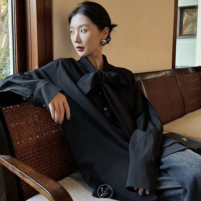流云法式通勤风蝴蝶结飘带衬衫女春季新款宽松设计感百搭上衣|undefined
