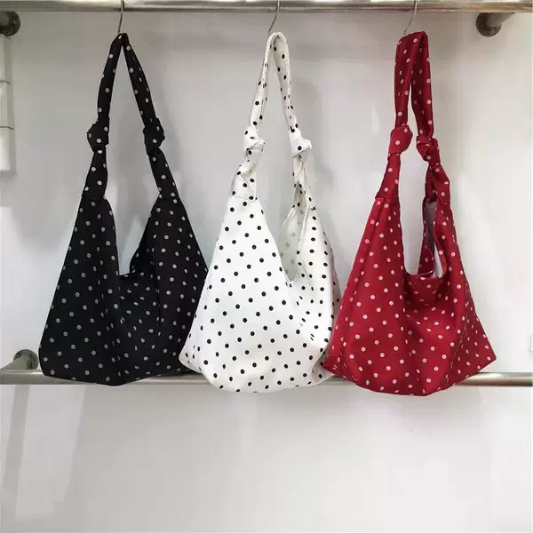 Small Dirty Cabinet Japanese and Korean Artistic Wave Dot Women's Bag Fresh Style Floral Girl's Shoulder Bag Homemade Tie Tape Tote Bag