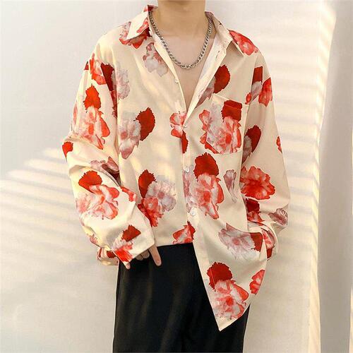 Floral Shirt Men Long Sleeve Spring and Autumn Season High-End Korean Style Trendy Instagram Cool and Edgy Niche Hong Kong Style Retro Shirt Jacket