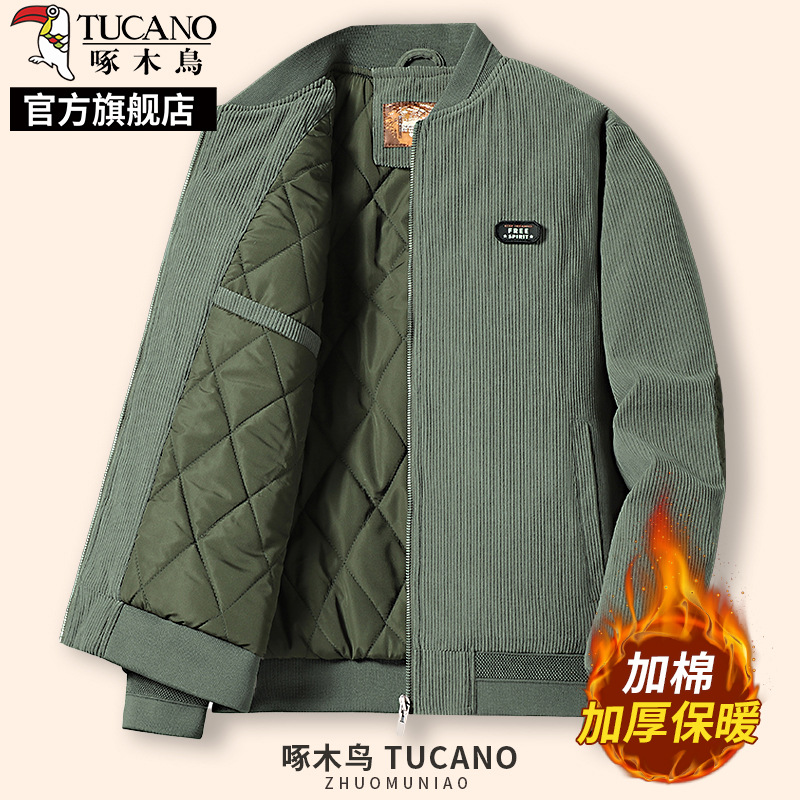 Woodpecker Corduroy Jacket Men's Winter New Velvet Thickeneded Jacket Winter Clothing Middle-Aged Dad Men's Clothing K