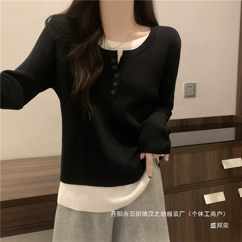 厂家直销大码女装假两件长袖T恤女春秋季设计感小众胖mm宽松显瘦|undefined