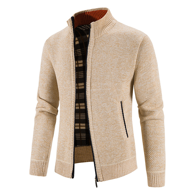 Hombres forrados de lana engrosada cuello de pie cardigan suéter comercio exterior juventud color sólido simple delgado suéter cálido abrigo de moda