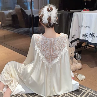 春夏季宫廷风冰雪丝睡衣女长袖长裤绸缎高级感蕾丝镂空甜美网红款