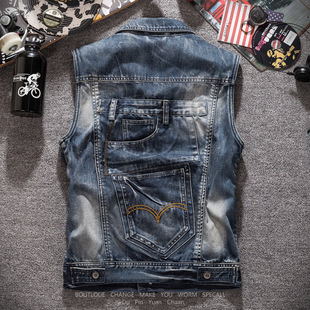 Spring and Autumn European and American Fashion New Waistle Motorcycle Denim Vest Jacket Men's Slim Fit Large Pocket Workwear Vest