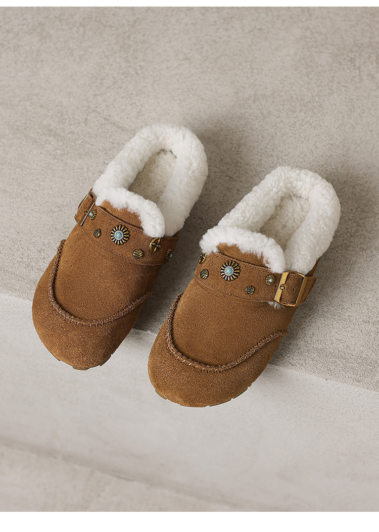 Dép mule nữ lông cừu đế xốp Birkenstock phong cách đinh tán, mũi kín, lót nâng nhẹ — hổ phách chi tiết 20