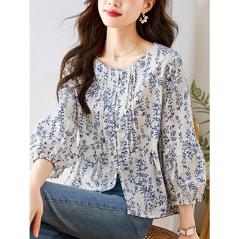 Directo de fábrica azul pequeña flor Camisa de algodón de las mujeres de manga tres cuartos verano nuevo floral elegante camisa joven top