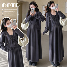 孕妇慵懒风套装2025秋冬新款韩版时尚长袖针织开衫打底长裙两件套