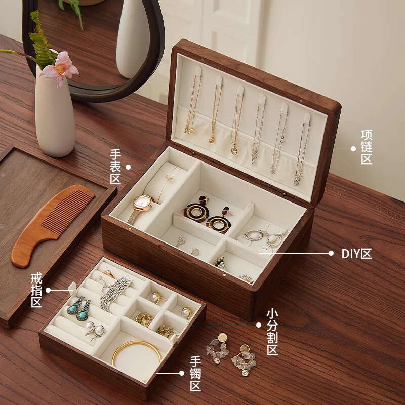 実木刺繍アクセサリーケース二重大容量収納ケース中国式レトロ婚約新婚プレゼントアクセサリーケース|undefined