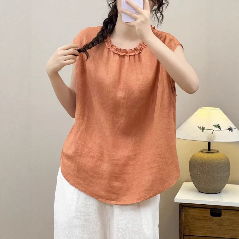 Linen back-buttoned camisole, 2026 summer new style, solid color pullover top with lace collar for women 2626