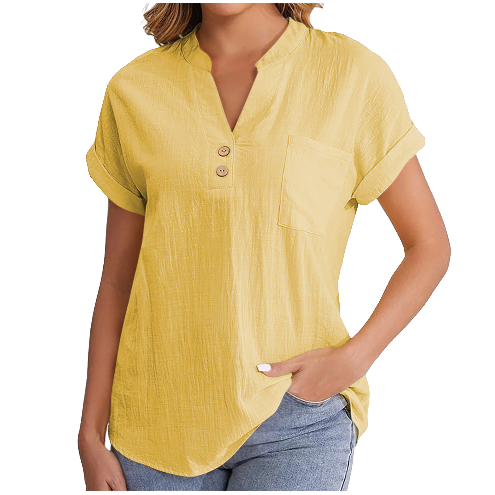 2025 European American Summer Solid Color Buttoned Short-sleeve Women's Shirt, Cotton-linen, Washed, Wrinkled,_ecoleips.com