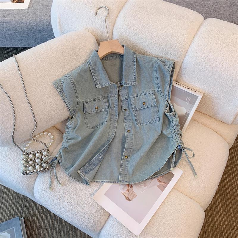Feifei Sleeve Denim Shirt Women's Summer Thin Outer Jacket Small Vest Jacket Sleeveless Vest Small Waistcoat