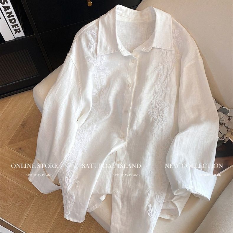 White Simple and Relaxed Heavy Embroider Sun Protection Linen Shirt Women's Summer New Loose Slimming Look Casual Top White Simple and Relaxed Heavy Embroider Sun Protection Linen Shirt Women's Summer New Loose Slimming Look Casual Top