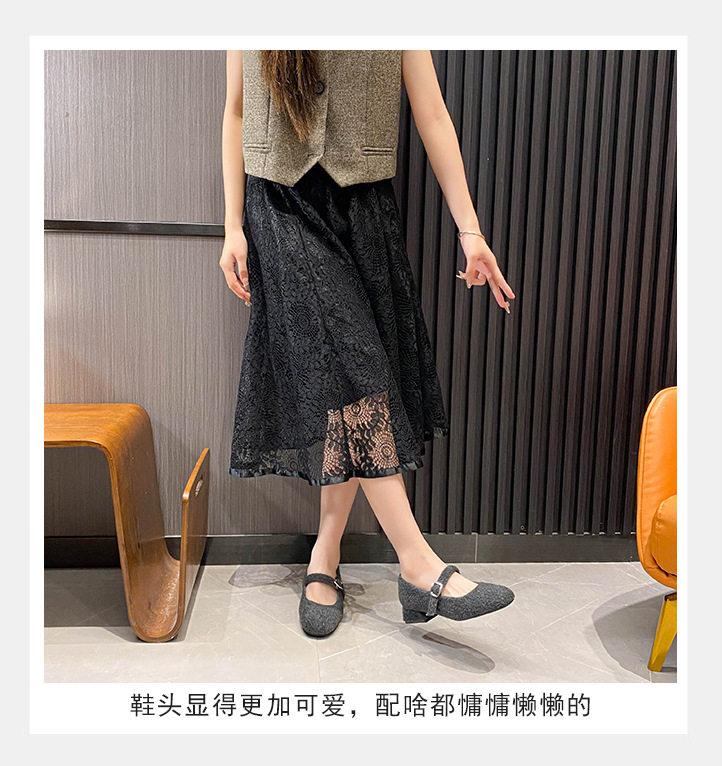 Giày Mary Jane nữ mũi vuông gót thấp, giày búp bê da nhung phong cách Hàn, size lớn — Màu xám, Màu đen, Màu đỏ chi tiết 12