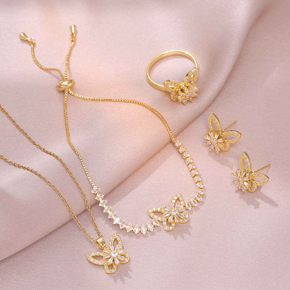 35g Weight Wholesale Jewelry Sweet Flower Titanium Steel Copper Diamond Jewelry Set