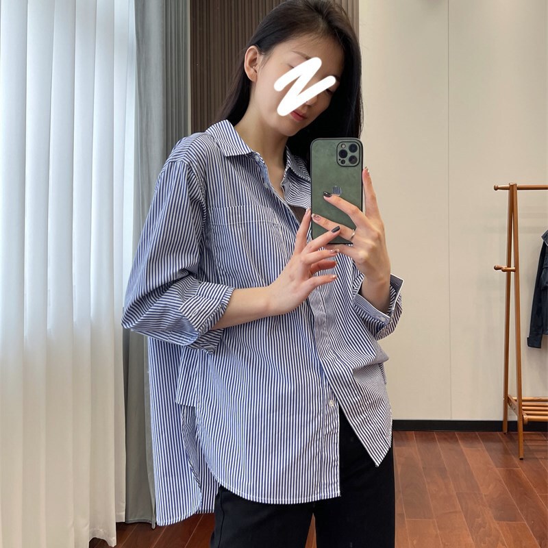后领可解开~小众通勤竖条纹衬衫女长袖宽松韩版洋气外穿秋G082616|undefined