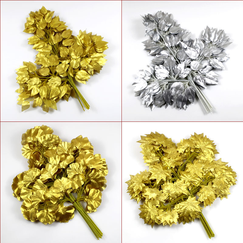 金色榕树叶银杏叶婚庆叶子假树枝许愿发财树枫叶仿真花金色树叶