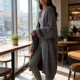 欧美秋冬新款女士开襟长袖休闲外套长款针织开衫毛衣