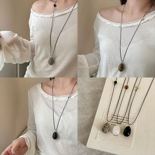 Natural stone black rope water drop pendant necklace women's autumn and winter atmosphere long sweater chain simple temperament versatile accessories