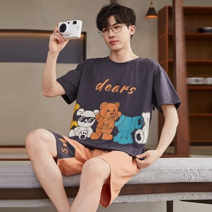 Summer Pajamas Men's Cartoon Pajamas Short-sleeved Shorts Imitation Cotton Crewneck Pullover Casual Student Outfit Home Clothes