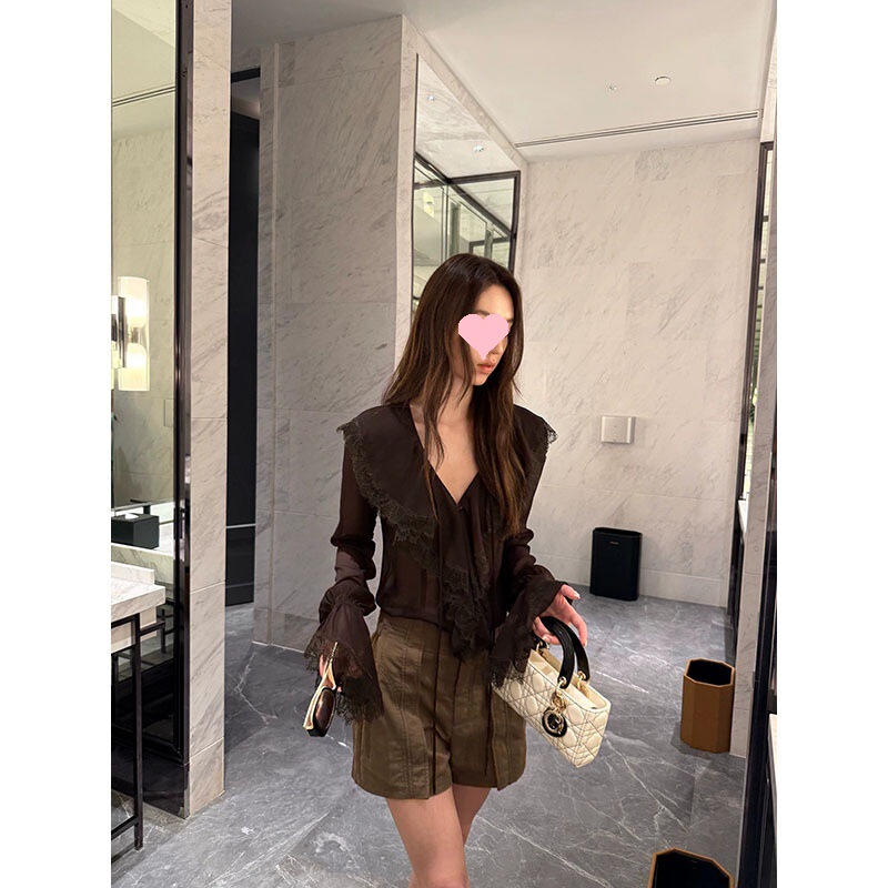 In Stock Gakee French Lace V-Neck Chiffon Blouse for Women, Spring and Summer Textured Ruffle Shirt In Stock Gakee French Lace V-Neck Chiffon Blouse for Women, Spring and Summer Textured Ruffle Shirt