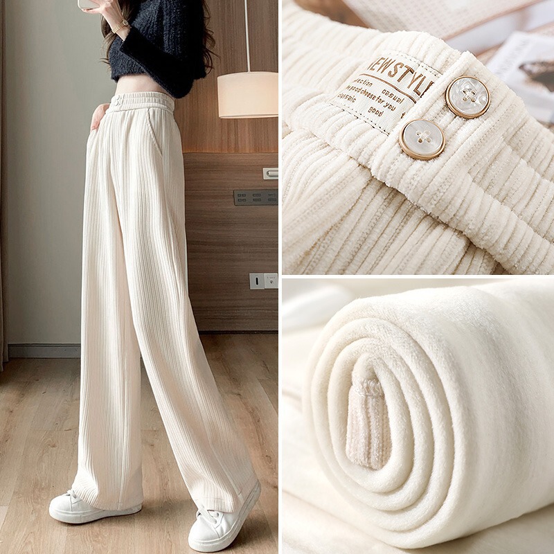 Chenille Wide-Leg Pants for Women, Autumn and Winter Velvet Thickeneded High-Waist Draped Straight Floor-Length Casual Black Pants