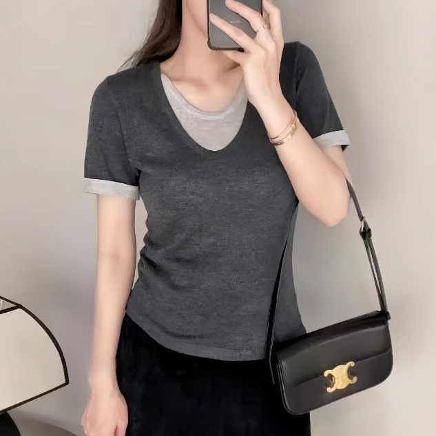 Summer Gray Round-Neck Wool Fake Two-Piece Knitted T-Shirt for Women, Casual Color-Blocked Top, Japanese and Korean Casual Style Short-Sleeve Summer Gray Round-Neck Wool Fake Two-Piece Knitted T-Shirt for Women, Casual Color-Blocked Top, Japanese and Korean Casual Style Short-Sleeve