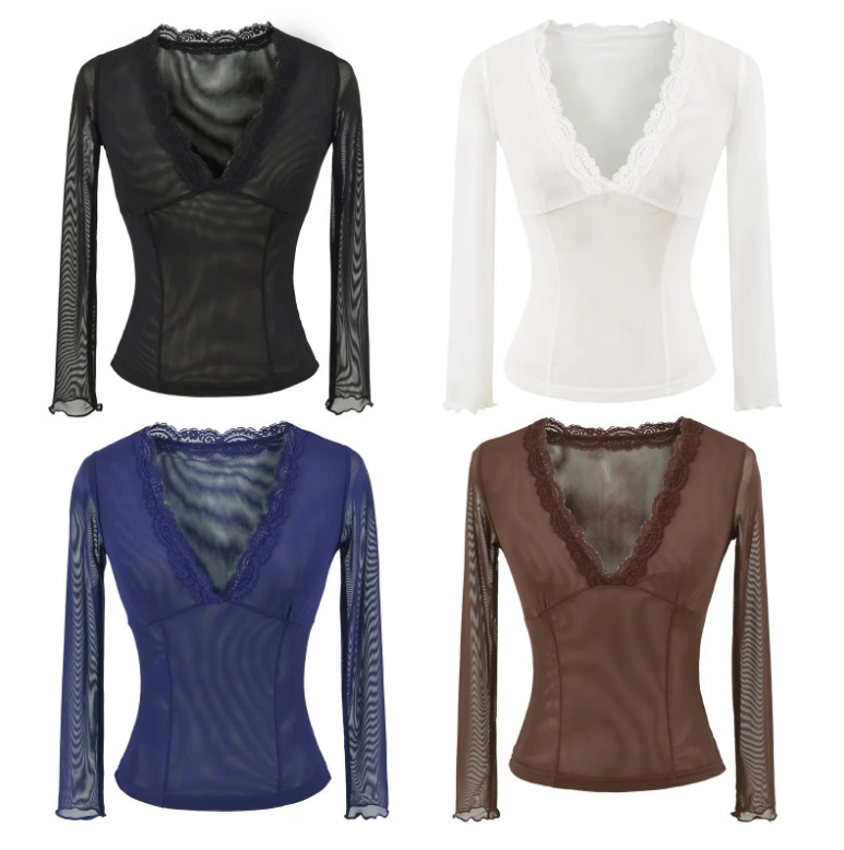 Mesh Slightly See-Through V Neck Long-Sleeved T-Shirt for Women 2025 Summer New American Sexy Style Pure Color Slim Short Bottoming Shirt Mesh Slightly See-Through V Neck Long-Sleeved T-Shirt for Women 2025 Summer New American Sexy Style Pure Color Slim Short Bottoming Shirt