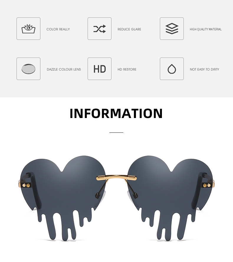 50g Weight Frameless Glasses Structure Sunglasses Classification PC, UV400 Protection Lens Material Special-Shaped Mirror Glasses Style Outdoor, Beach Occasion Heart Shape Pattern All Seasons Season Unisex Gender Novelty, Modern Style Style Novelty Modern Style Heart Shape PC UV400 Protection Special-Shaped Mirror Frameless Women's Sunglasses 无