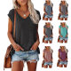 2022 Summer New Amazon Independent Station Women's Hat Sleeve Vest V-neck Solid Color Casual Loose T-shirt