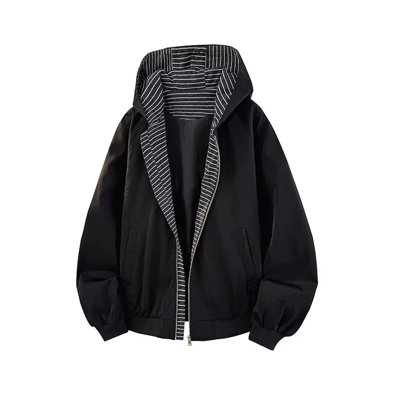 可印LOGO美式连帽条纹撞色夹克男女宽松拉链开衫情侣款潮牌外套男