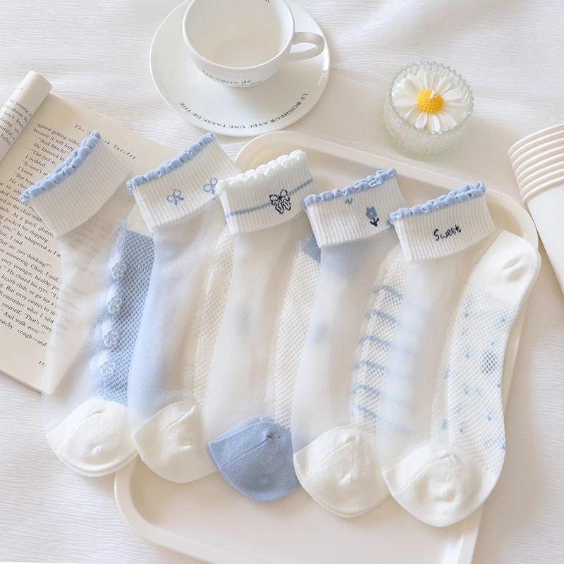 Women's Blue Crystal Glass Silk Short Socks, Summer Thin Cotton Bottom Low-Cut Boat Socks, Trendy Breathable Short Socks