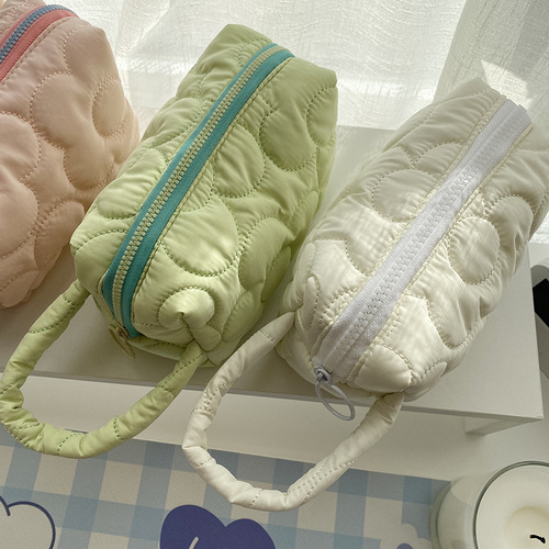 110225 Korean ins Japanese style quilted embroidered polyester flower cosmetic bag storage organizer bag portable pencil case for women