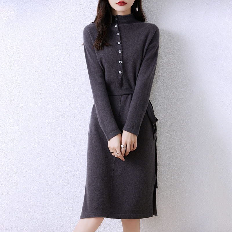 Demi-season solid colored elegant woolen long knitted dress
