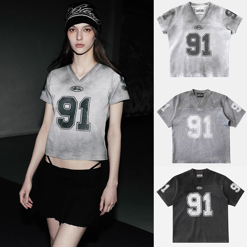 badblood American Style Retro Tie-Dye V-neck Jersey Niche Design Sense Men's and Women's Loose Casual Sports Short-sleeved T-shirt