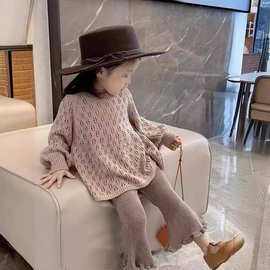 商场品质秋季女童圆领套头喇叭裤套装针织衫镂空长袖毛衣线衫上衣