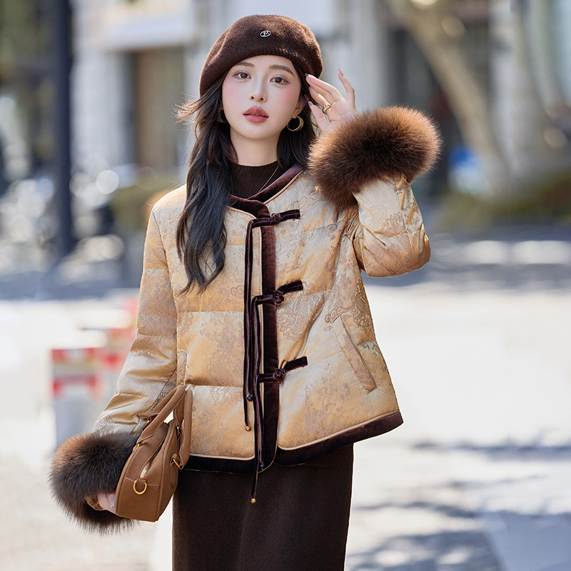 2025 Multi-Level New New Chinoiserie Fox Fur Cuff Buckle Tassel White Duck down Jacket Women Sy2693