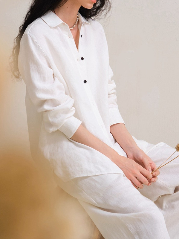 亚麻极简衬衫白色长袖薄衬衣上衣女夏文艺防晒衫|undefined