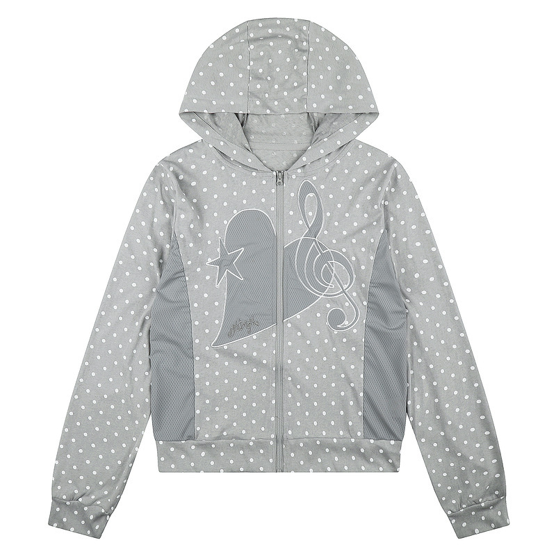 College Style Polka Dot Hooded Top with Mesh Patchwork, Heart, Star, and Musical Note Embroidery, Zip-Up Short Sweatshirt for Women